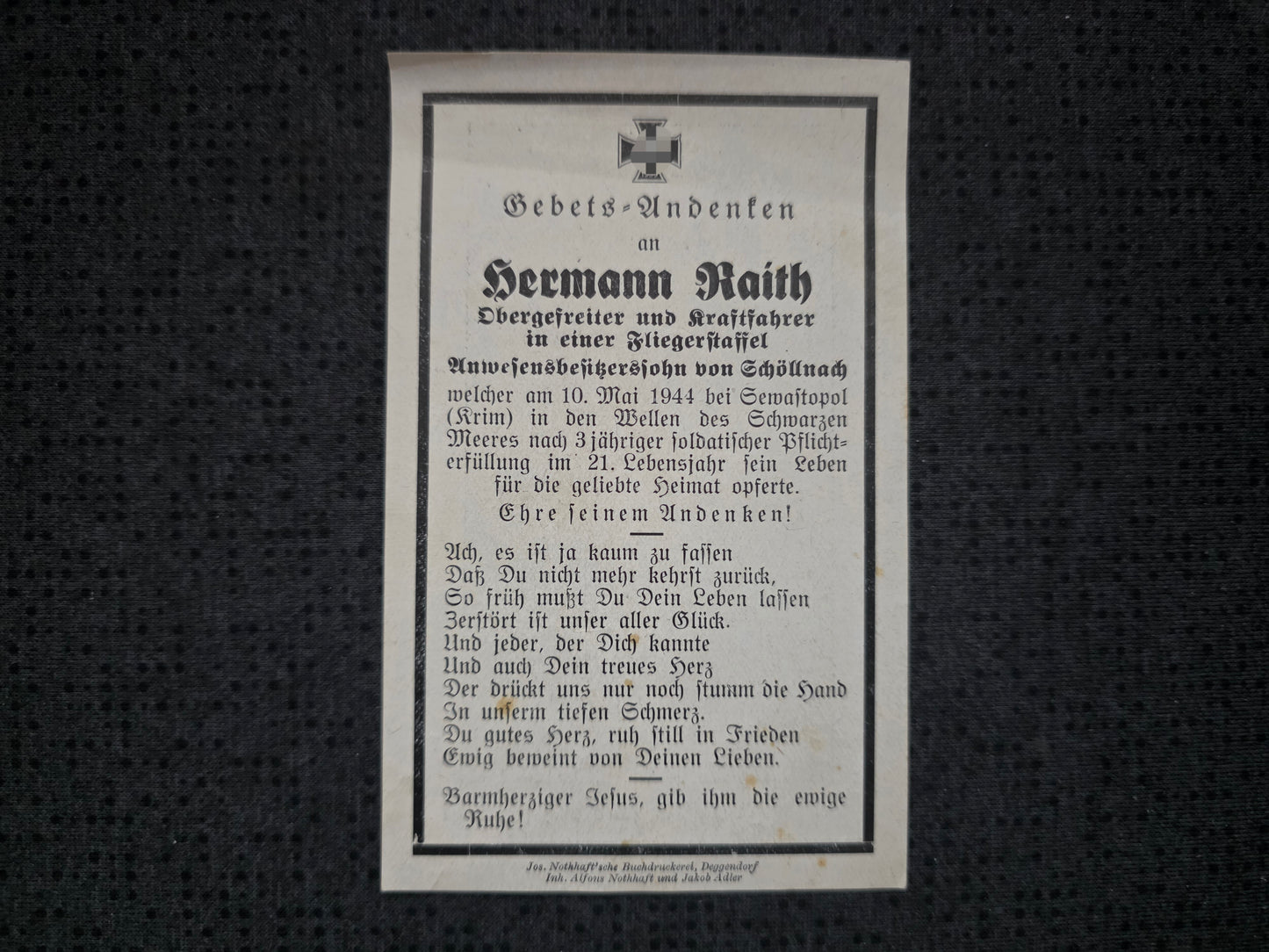 Sterbebild Obergefreiter Schöllnach Fliegerstaffel Schwarzmeerküste Tarabya Türkei