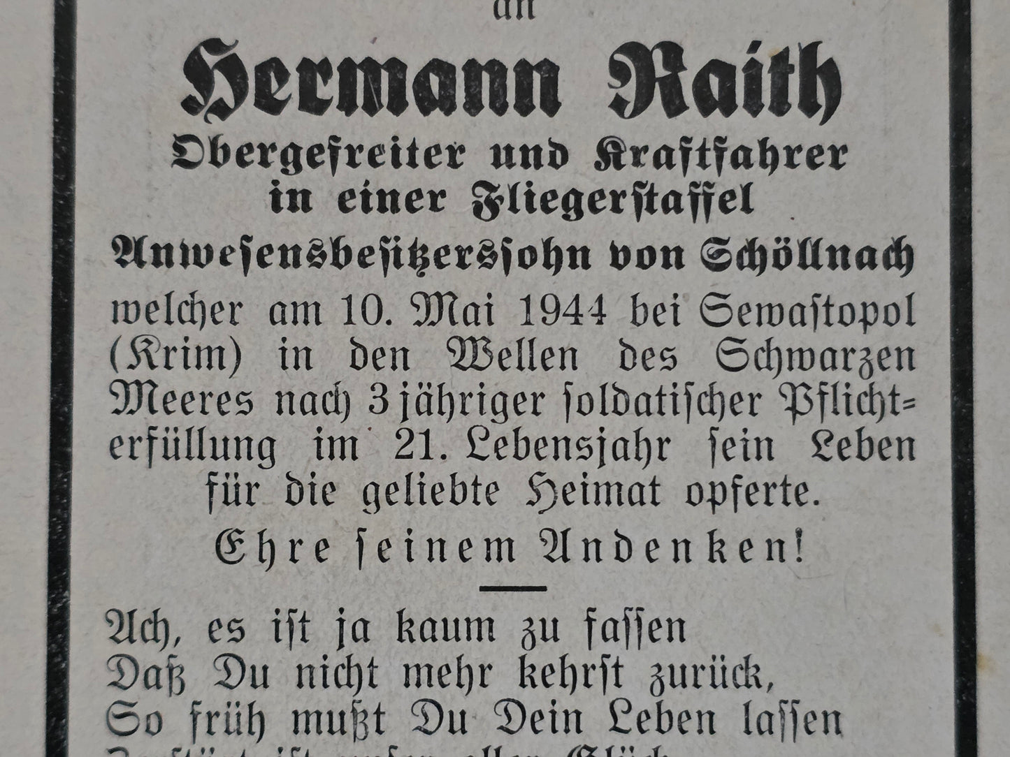 Sterbebild Obergefreiter Schöllnach Fliegerstaffel Schwarzmeerküste Tarabya Türkei
