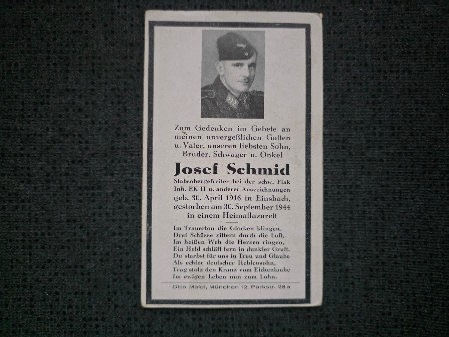 Sterbebild Stabsgefreiter Einsbach Schwere Flak Abt. Lazarett Landsberg/ Warthe Polen