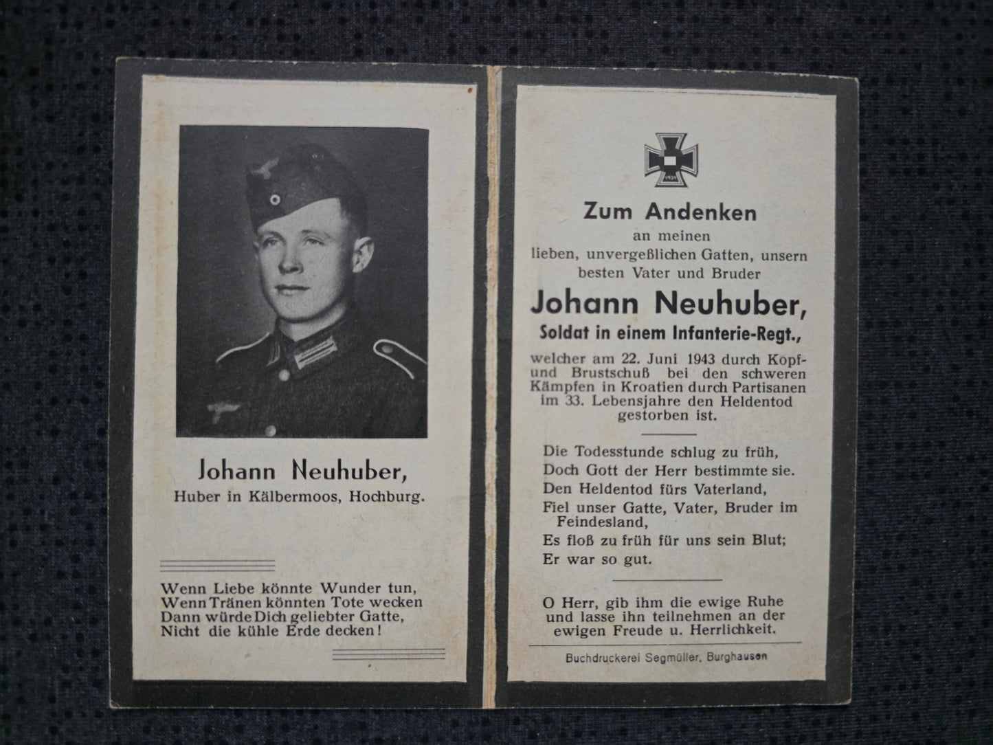 Sterbebild Jäger Tarsdorf 5. Komp. Jäger Btl. II/482 Partisanen Niezic Kroatien