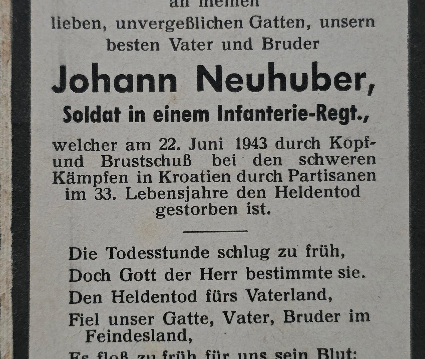 Sterbebild Jäger Tarsdorf 5. Komp. Jäger Btl. II/482 Partisanen Niezic Kroatien