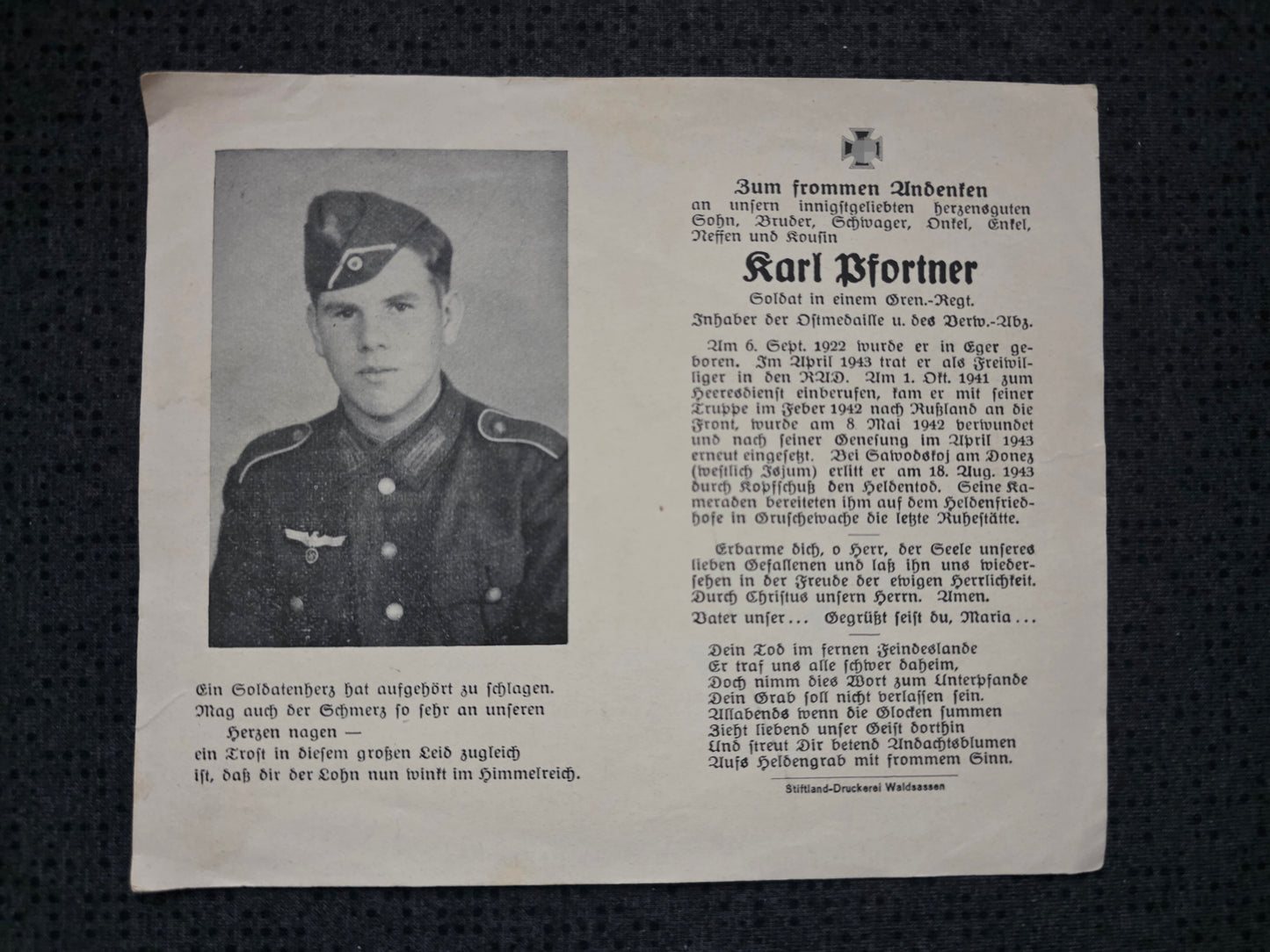 Sterbebild Grenadier Eger 7. Komp. Gren. Regt. 477 Isjum Russland