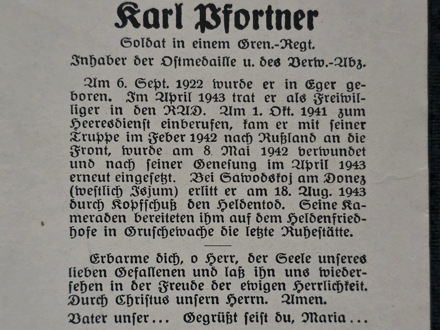 Sterbebild Grenadier Eger 7. Komp. Gren. Regt. 477 Isjum Russland