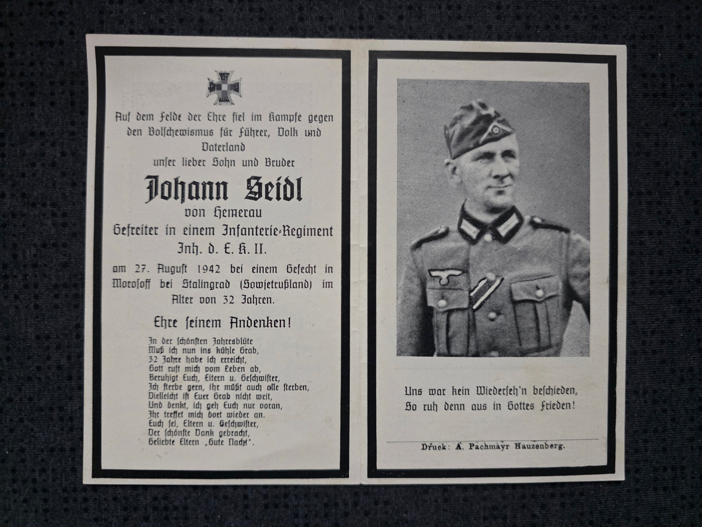 Sterbebild Gefreiter Hemerau 10. Komp. Inf. Regt. 267 Morosoff Stalingrad Russland