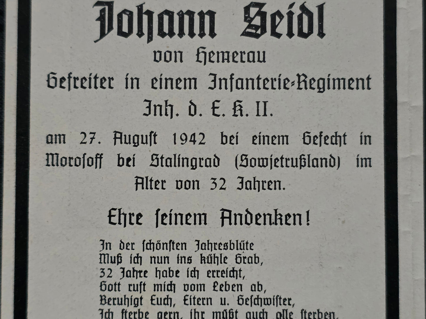 Sterbebild Gefreiter Hemerau 10. Komp. Inf. Regt. 267 Morosoff Stalingrad Russland