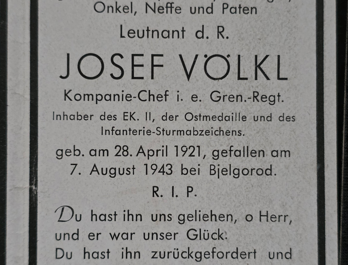 Sterbebild Leutnant Kompanie-Chef Grenadier Regt. Bjelgorod Russland