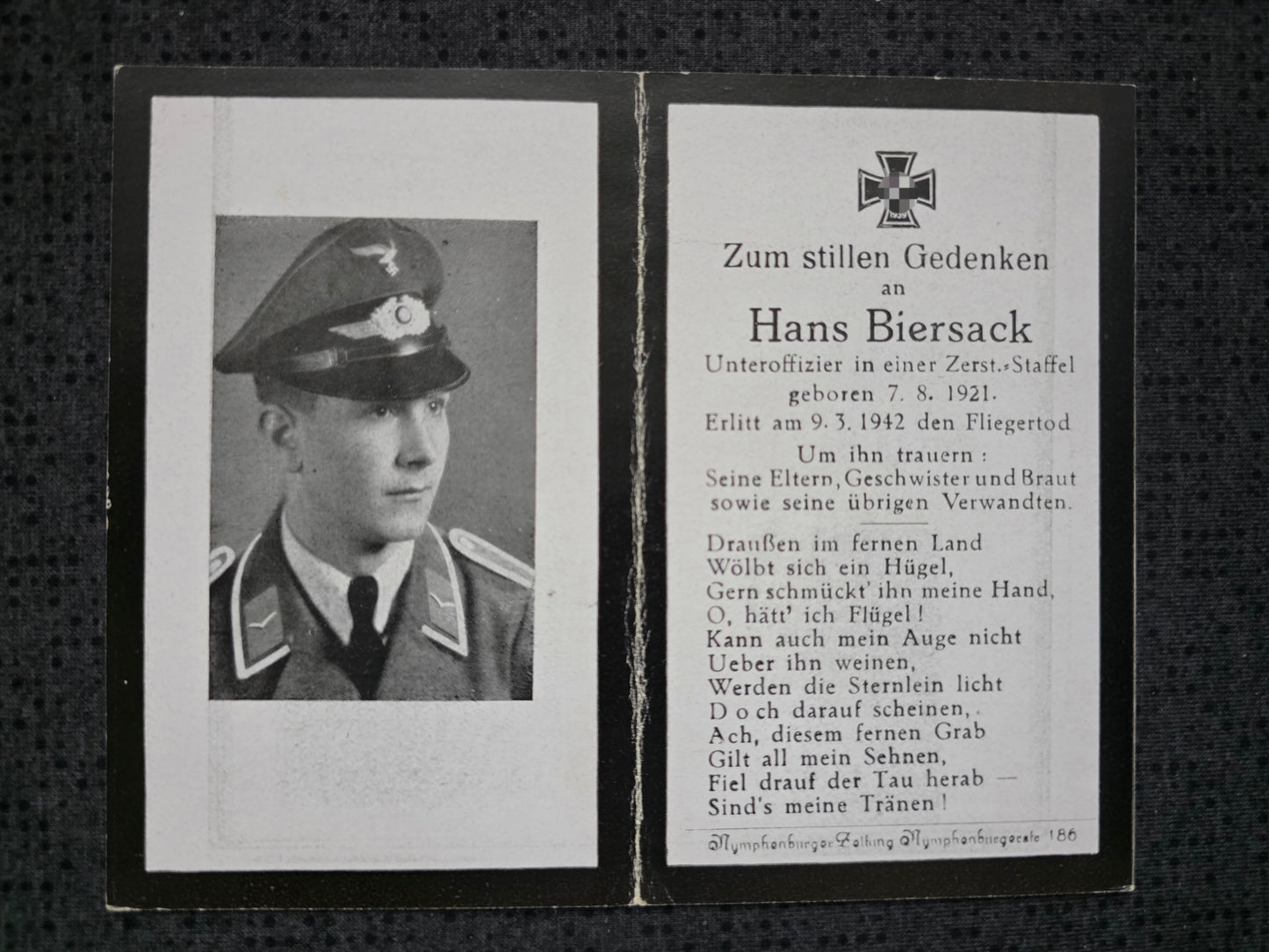 Sterbebild Unteroffizier München Bordfunker 3./ZG-1 Tours Huisnes-sur-Mer Frankreich