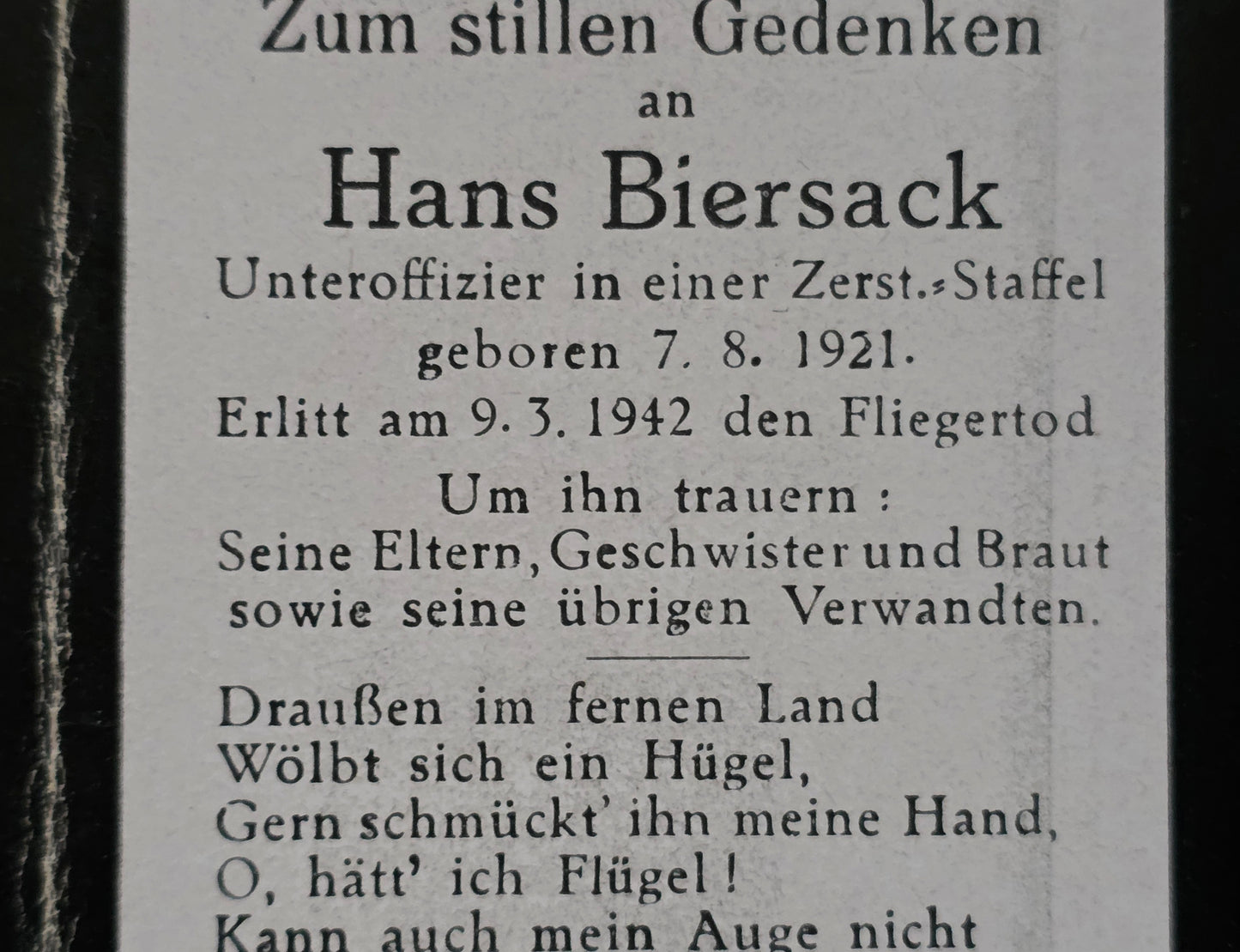 Sterbebild Unteroffizier München Bordfunker 3./ZG-1 Tours Huisnes-sur-Mer Frankreich