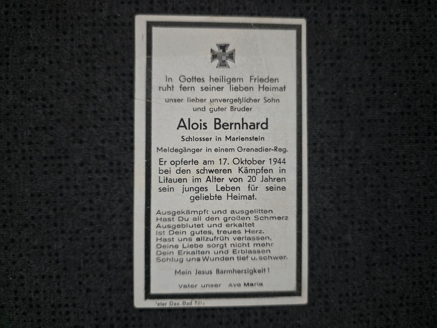 Sterbebild Gefreiter Marienstein Meldegänger Grenadier Regt. Preekuln Lettland Litauen