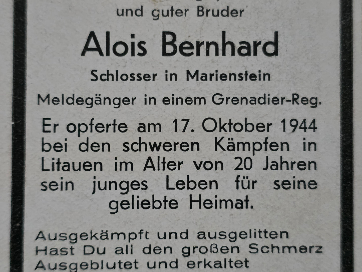 Sterbebild Gefreiter Marienstein Meldegänger Grenadier Regt. Preekuln Lettland Litauen