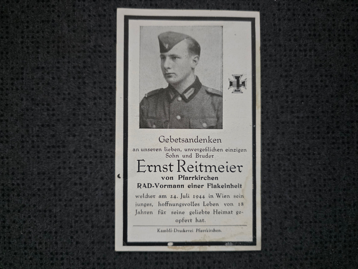 Sterbebild RAD-Vormann Pfarrkirchen Flak-Einheit Wien Österreich