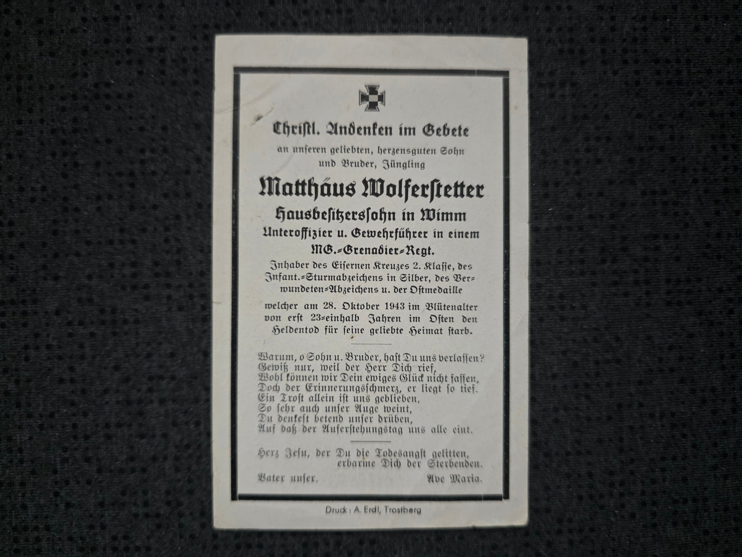 Sterbebild Unteroffizier Kaps 4.(MG) Komp. Gren. Regt. 339 Mariewka Russland