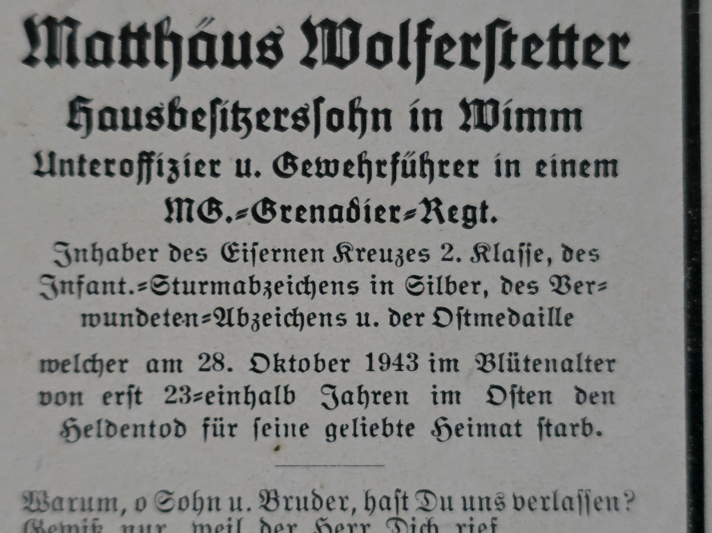 Sterbebild Unteroffizier Kaps 4.(MG) Komp. Gren. Regt. 339 Mariewka Russland