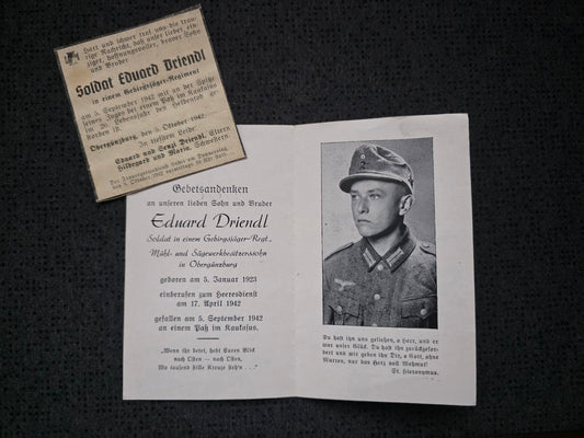 Sterbebild + Zeitungsanzeige Jäger Obergünzburg 5. Gebirgsjäger Regt. 98 Maruch-Pass Kaukasus