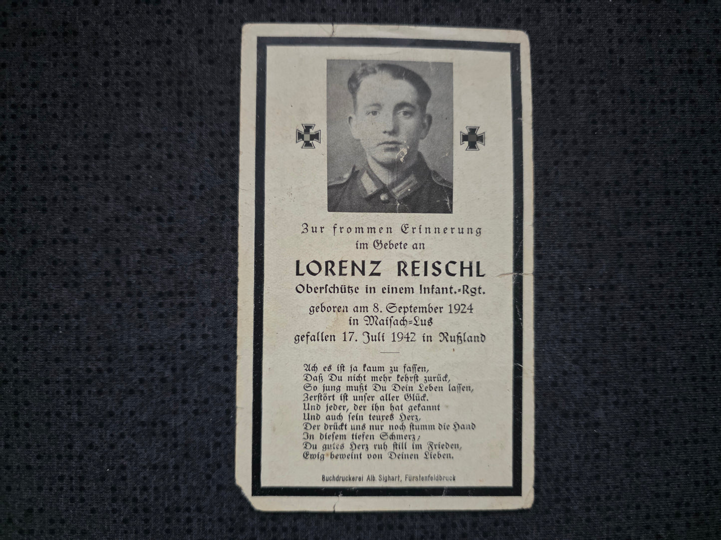 Sterbebild Oberschütze Maisach 6. Komp. Inf. Regt. 164 Woronesh Russland