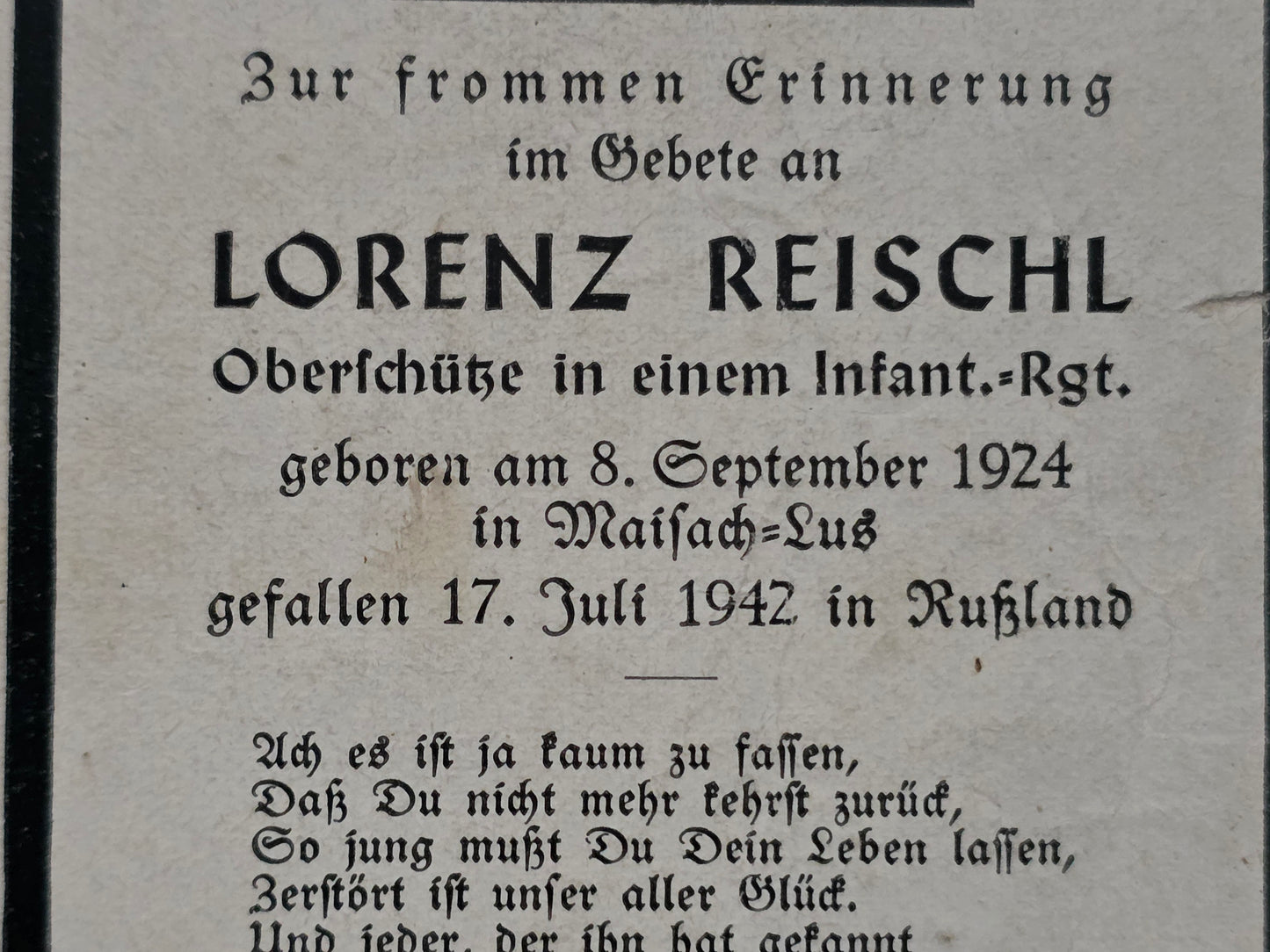 Sterbebild Oberschütze Maisach 6. Komp. Inf. Regt. 164 Woronesh Russland