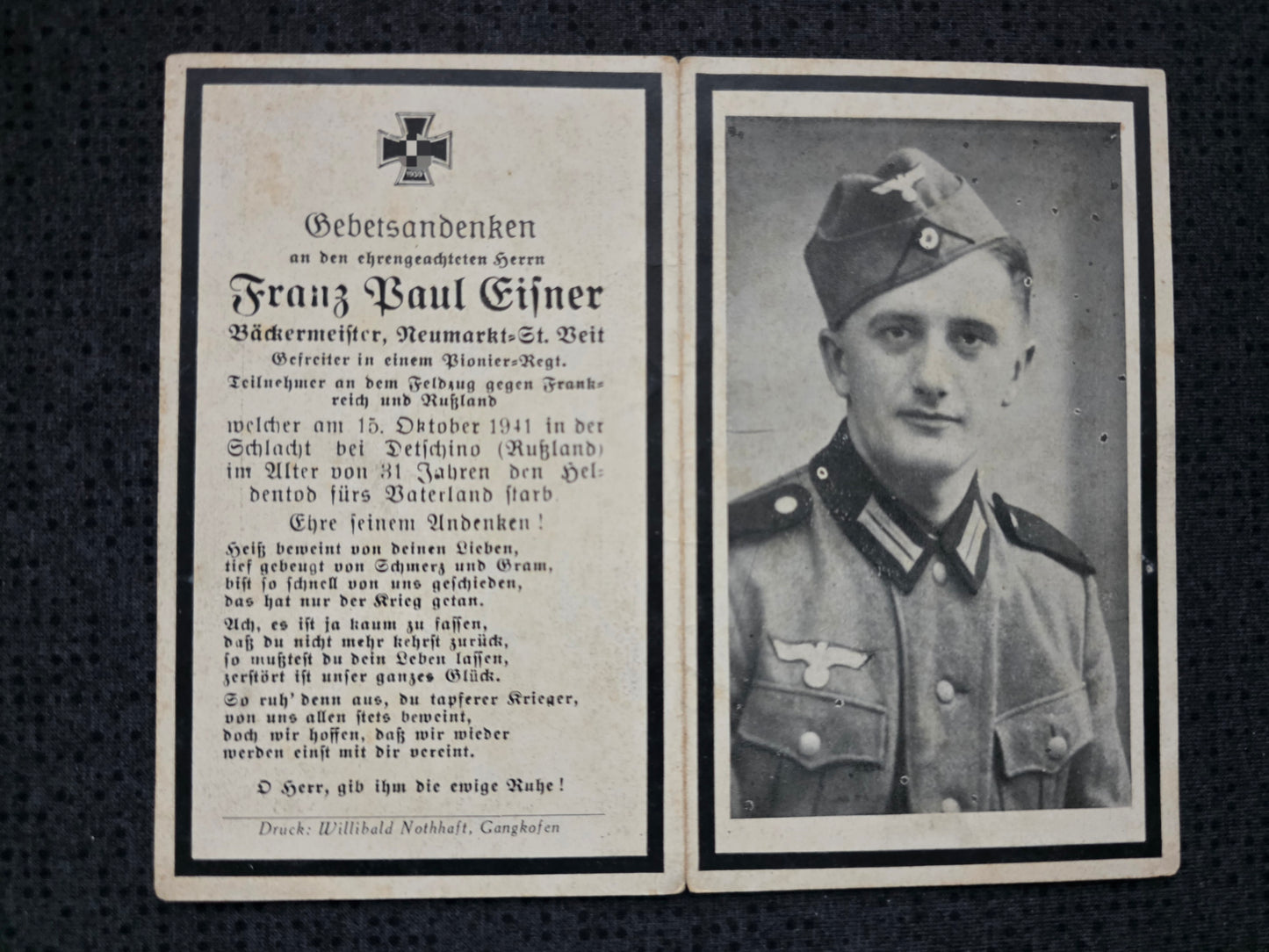 Sterbebild Gefreiter Neumarkt 3. Komp. Pionier Btl. 198 Detschino Russland