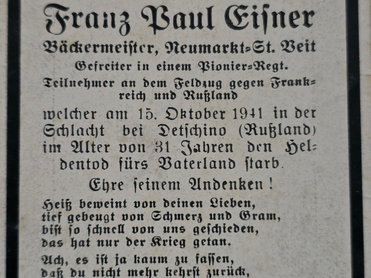 Sterbebild Gefreiter Neumarkt 3. Komp. Pionier Btl. 198 Detschino Russland