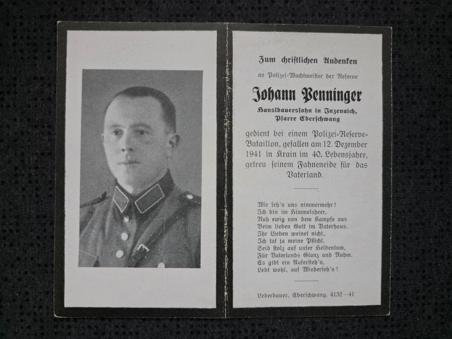 Sterbebild Polizei-Wachtmeister Eberschwang Polizei Res. Btl. Laak Kärnten Krain Slowenien