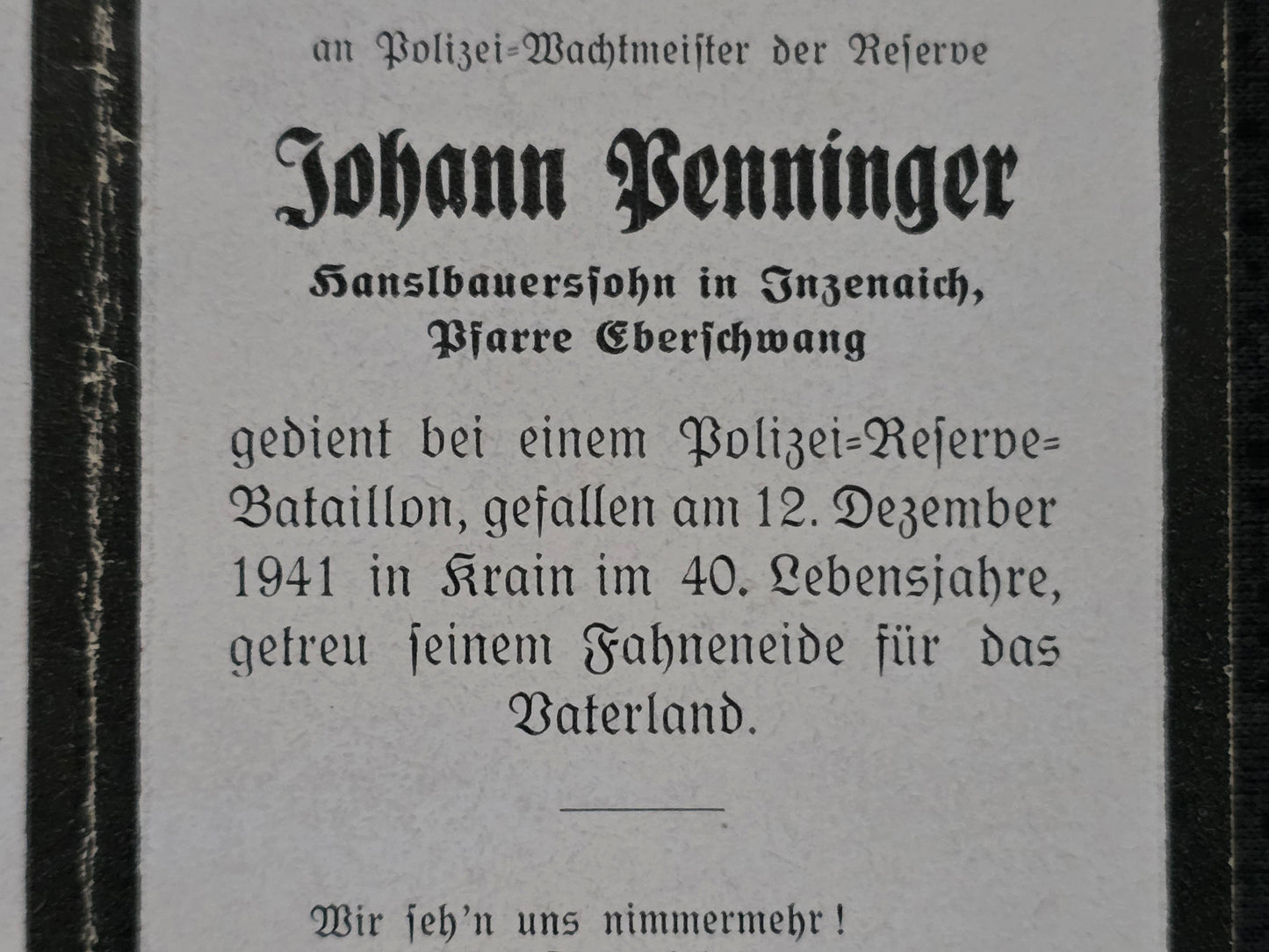 Sterbebild Polizei-Wachtmeister Eberschwang Polizei Res. Btl. Laak Kärnten Krain Slowenien