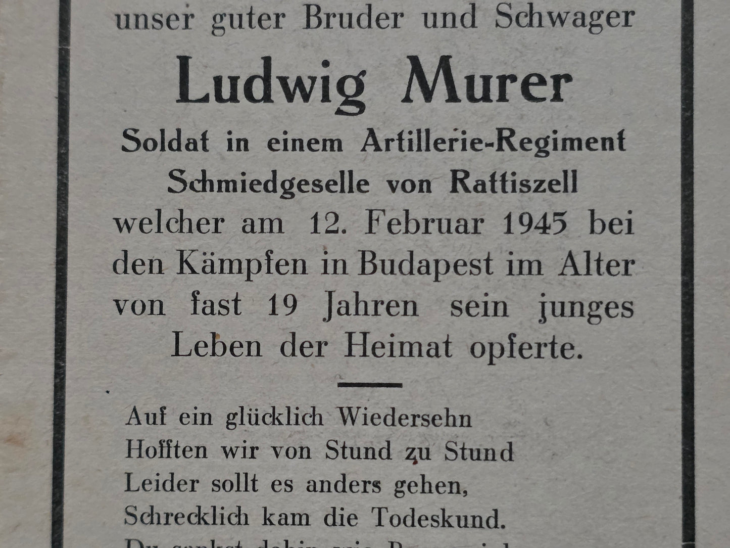 Sterbebild Schütze Rattiszell Artillerie Regt. Endkampf Budapest Ungarn