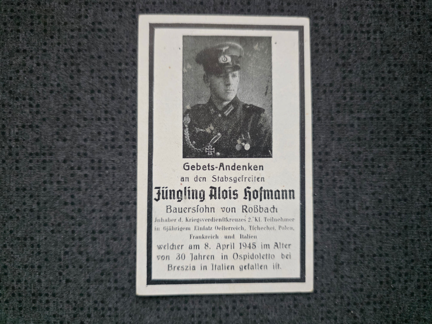 Sterbebild Stabsgefreiter Roßbach Endkampf Ospitaletto Brescia Italien