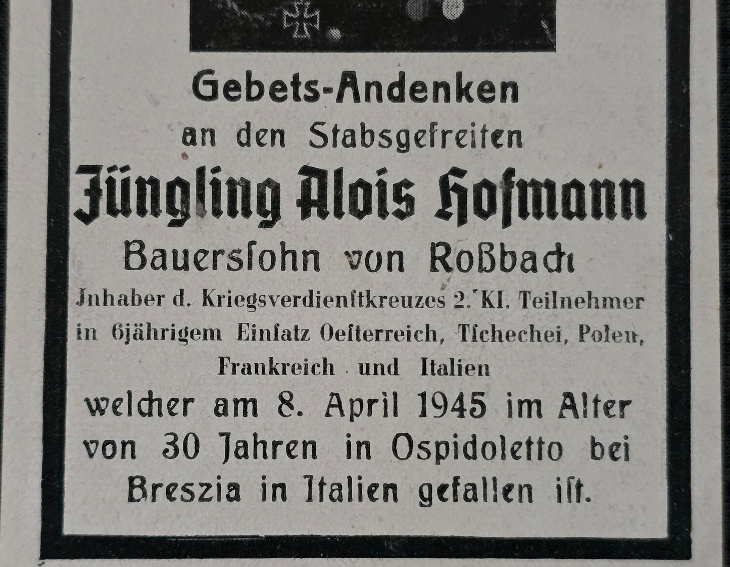 Sterbebild Stabsgefreiter Roßbach Endkampf Ospitaletto Brescia Italien