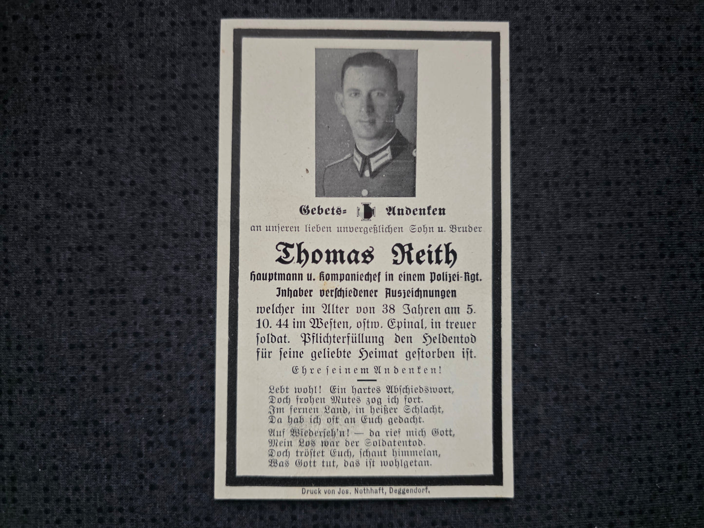 Sterbebild Hauptmann Kompaniechef Polizei-Regiment Epinal Andilly Frankreich Westen