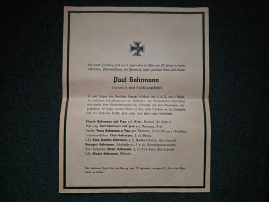 Traueranzeige Brief Leutnant Brakel NASta 7/32 DKiG Ehrenpokal FFS Gold Kertsch