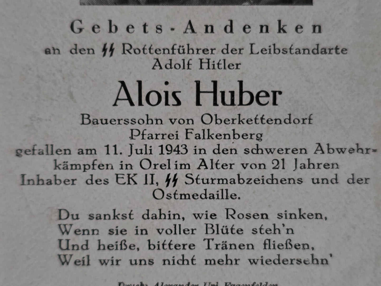 Sterbebild SS-Rottenführer Oberkettendorf 12. Komp. SS-Panzer Gren -Regt. 2 "LAH" Prochorowka Russland - www.mmilitaria.com