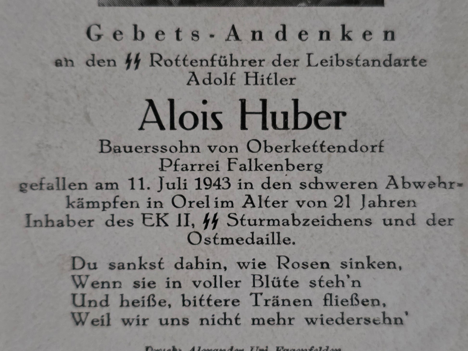 Sterbebild SS-Rottenführer Oberkettendorf 12. Komp. SS-Panzer Gren -Regt. 2 "LAH" Prochorowka Russland - www.mmilitaria.com
