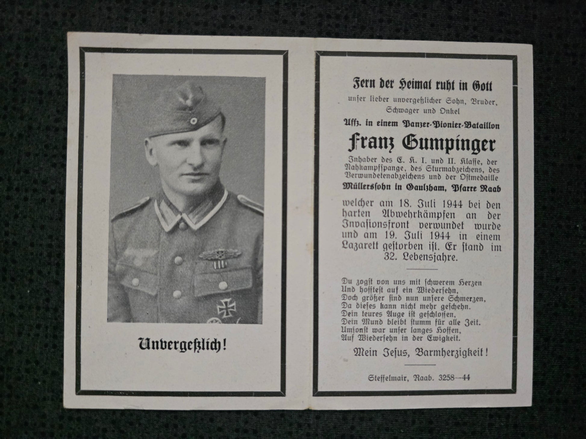 Sterbebild Unteroffizier Raab 2. Komp. Panzer-Pionier Btl. 38 NKS Tessé-la-Madeleine Normandie Frankreich - www.mmilitaria.com