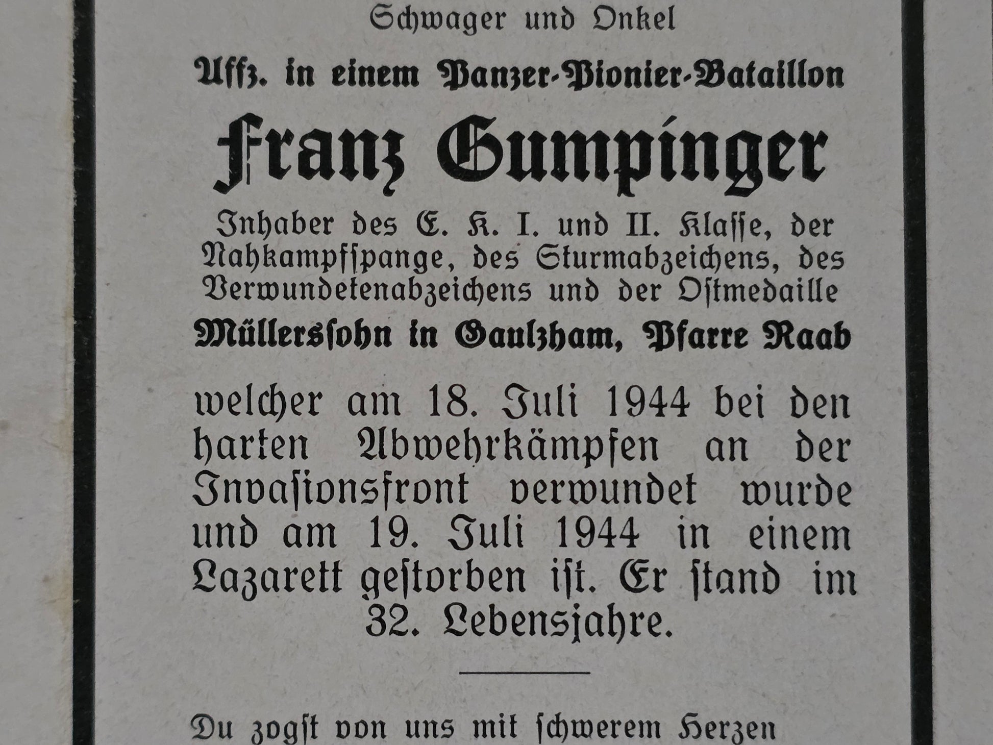 Sterbebild Unteroffizier Raab 2. Komp. Panzer-Pionier Btl. 38 NKS Tessé-la-Madeleine Normandie Frankreich - www.mmilitaria.com