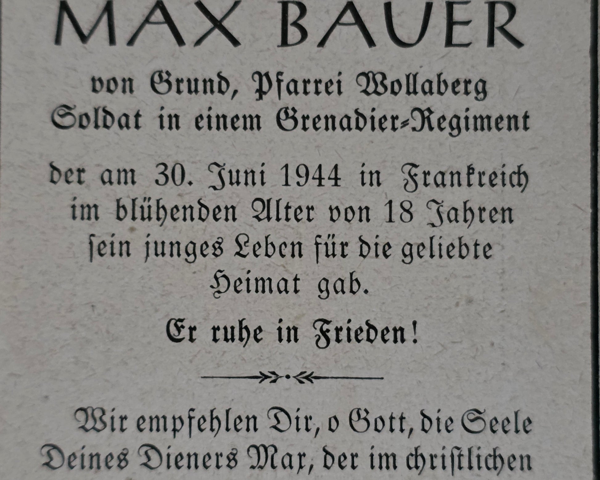 Sterbebild Schütze Wollaberg Grenadier Regt. 18 Jahre Normandie Frankreich - www.mmilitaria.com