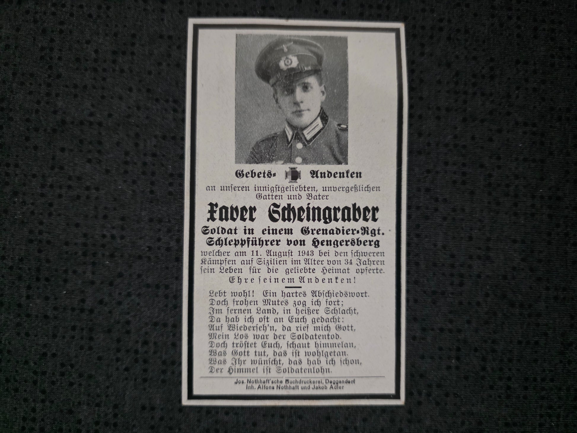 Sterbebild Grenadier Hengersberg 2. Festungs-Btl. 904 Sizilien Italien - www.mmilitaria.com