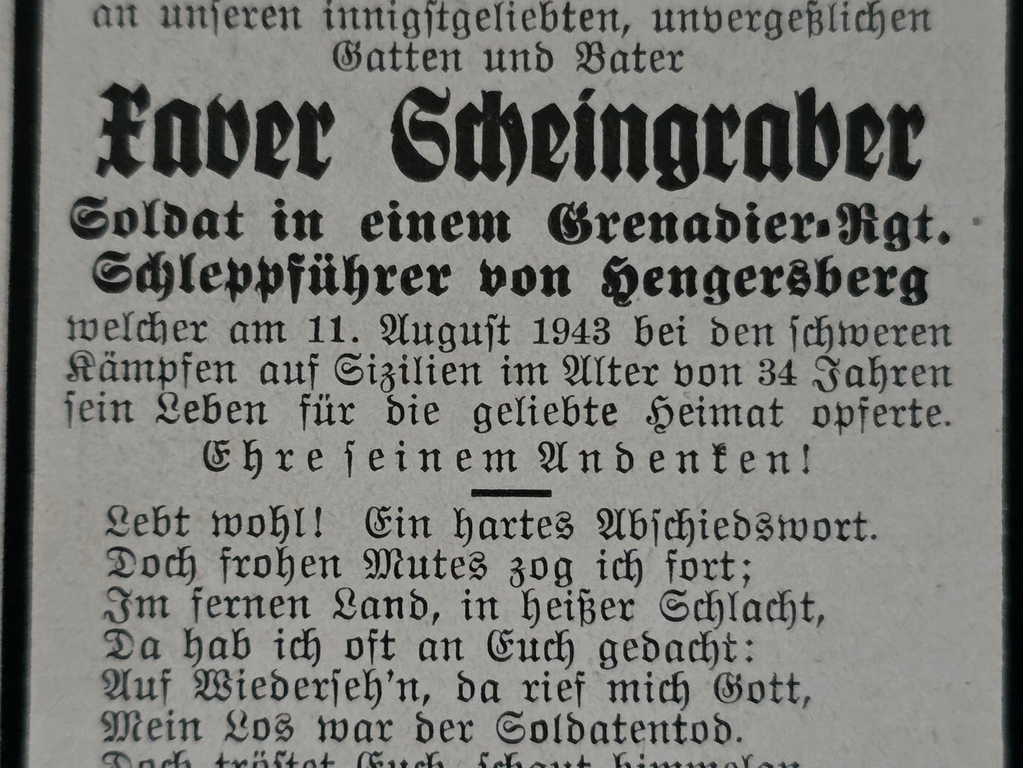 Sterbebild Grenadier Hengersberg 2. Festungs-Btl. 904 Sizilien Italien - www.mmilitaria.com