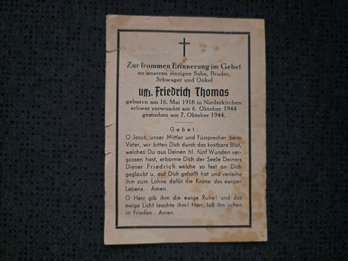 Sterbebild Unteroffizier Niederkirchen Gestorben 1944 - www.mmilitaria.com