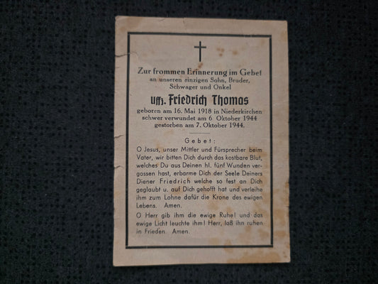 Sterbebild Unteroffizier Niederkirchen Gestorben 1944 - www.mmilitaria.com