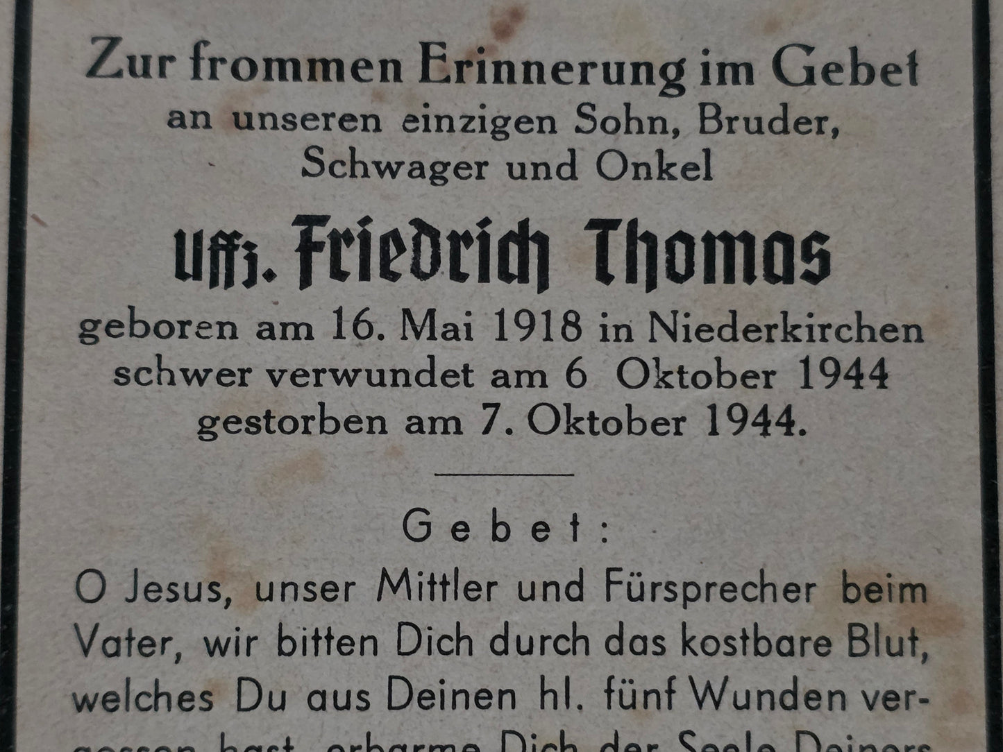 Sterbebild Unteroffizier Niederkirchen Gestorben 1944 - www.mmilitaria.com