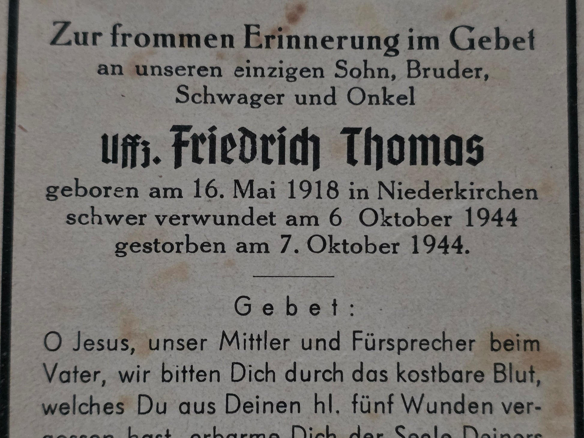 Sterbebild Unteroffizier Niederkirchen Gestorben 1944 - www.mmilitaria.com