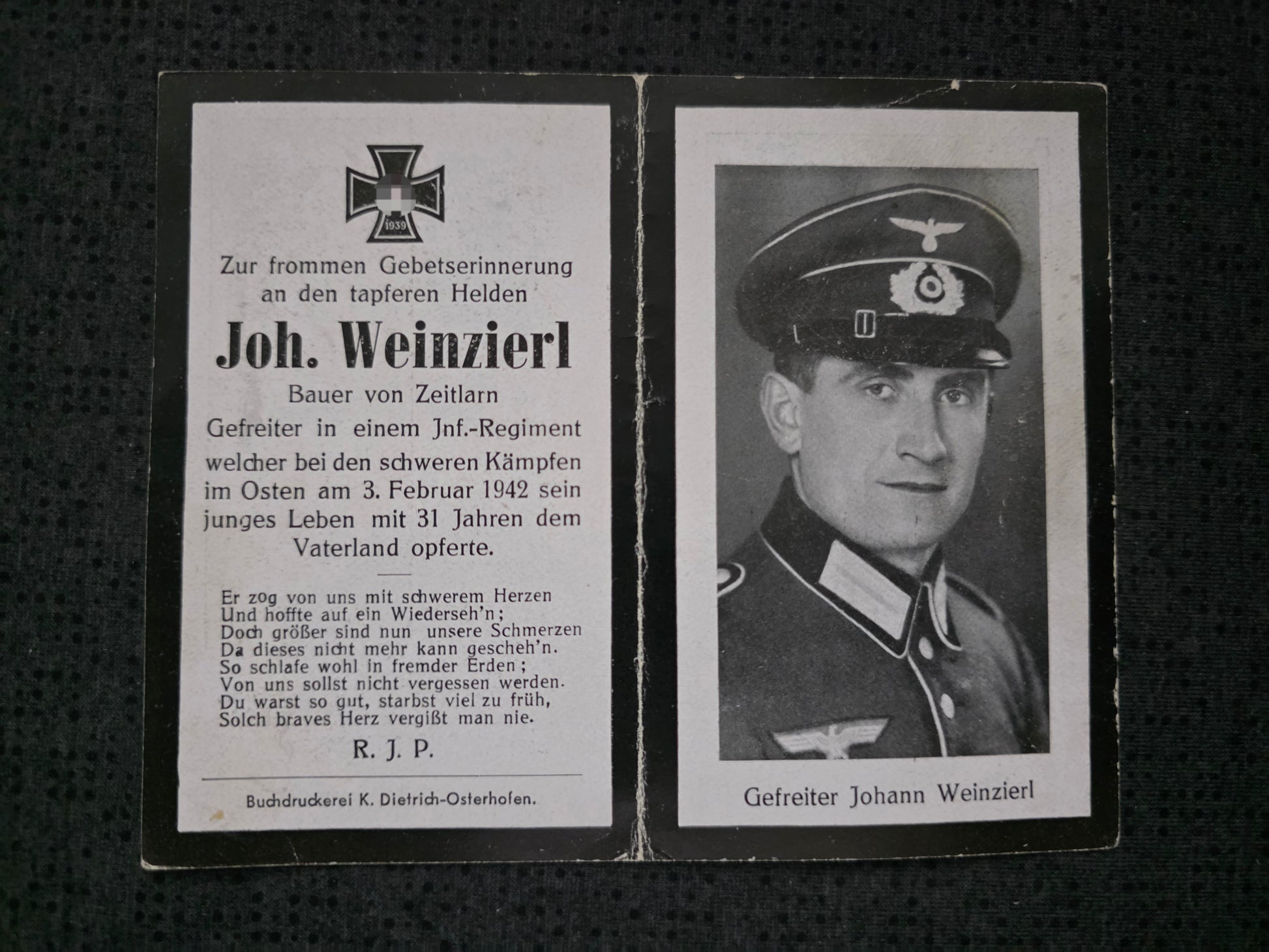 Sterbebild Gefreiter Zeitlarn 6. Komp. Inf. Regt. 689 Demidoff Russland - www.mmilitaria.com