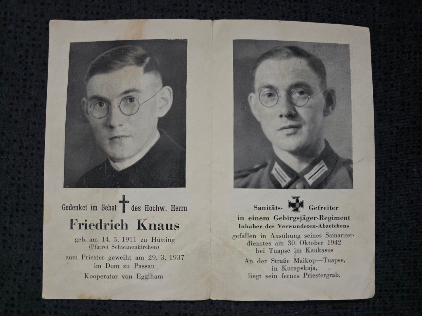 Sterbebild Gefreiter Hütting Priester Gebirgs-San. Komp. 2/97 Tuapse Kaukasus Russland - www.mmilitaria.com