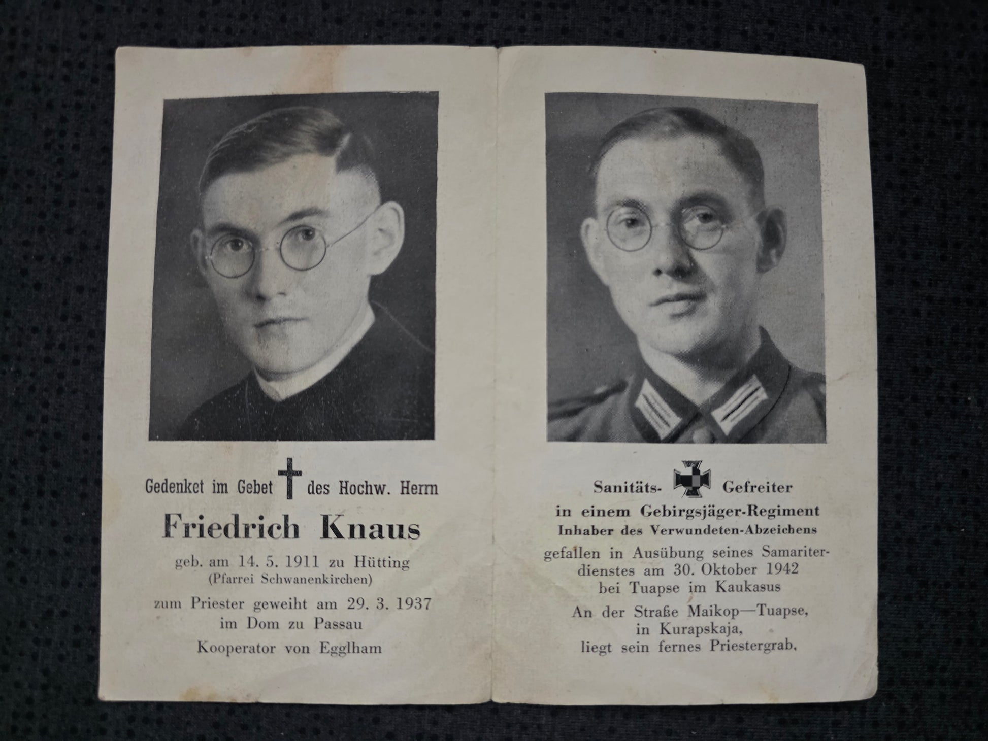 Sterbebild Gefreiter Hütting Priester Gebirgs-San. Komp. 2/97 Tuapse Kaukasus Russland - www.mmilitaria.com