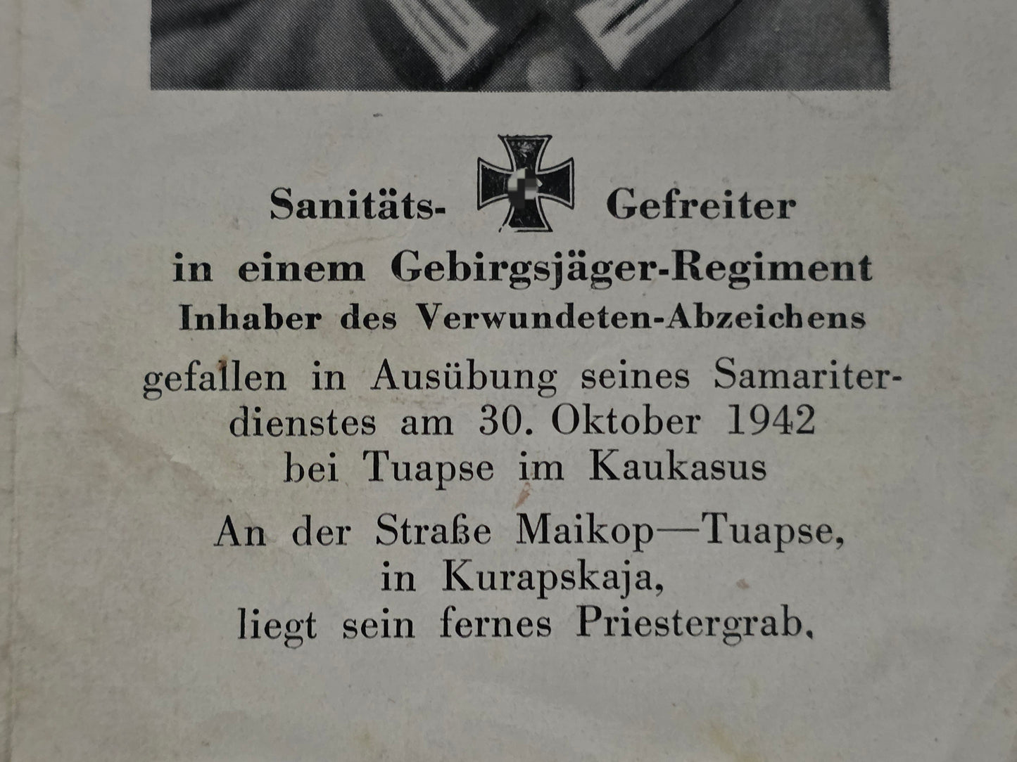 Sterbebild Gefreiter Hütting Priester Gebirgs-San. Komp. 2/97 Tuapse Kaukasus Russland - www.mmilitaria.com