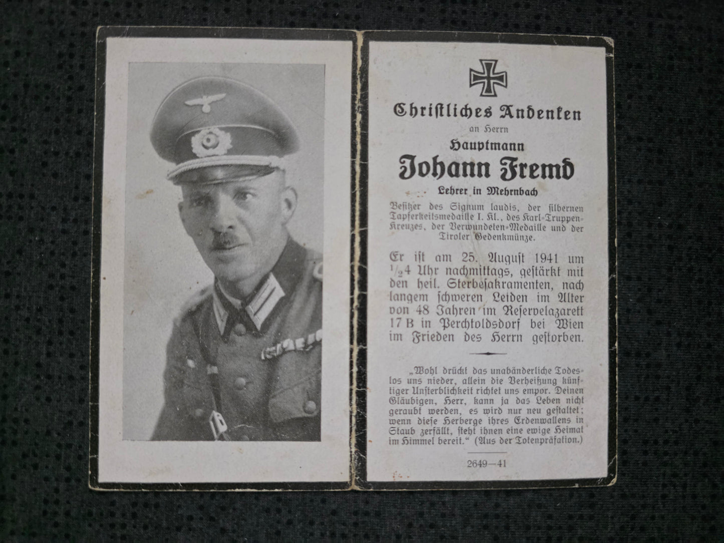 Sterbebild Hauptmann St. Martin Landesschützen Ers. Btl. 17 viele Orden Wien Österreich - www.mmilitaria.com