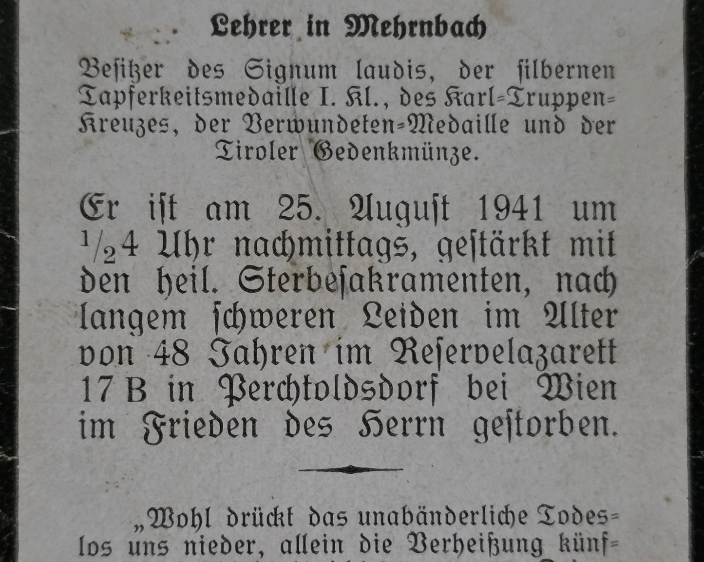 Sterbebild Hauptmann St. Martin Landesschützen Ers. Btl. 17 viele Orden Wien Österreich - www.mmilitaria.com