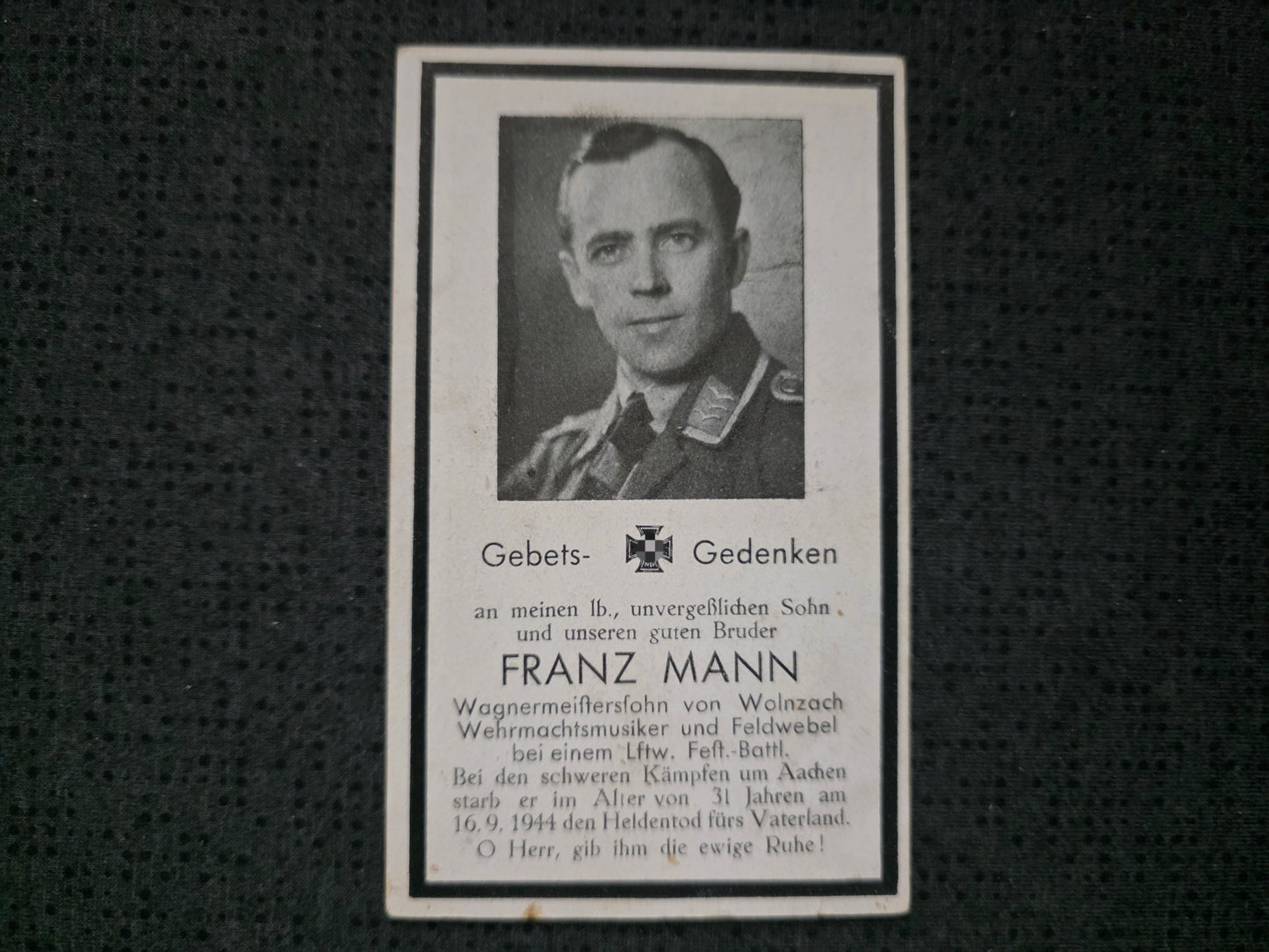 Sterbebild Feldwebel Wolznach LW-Feld-Btl. schwere Kämpfe Aachen Westen - www.mmilitaria.com