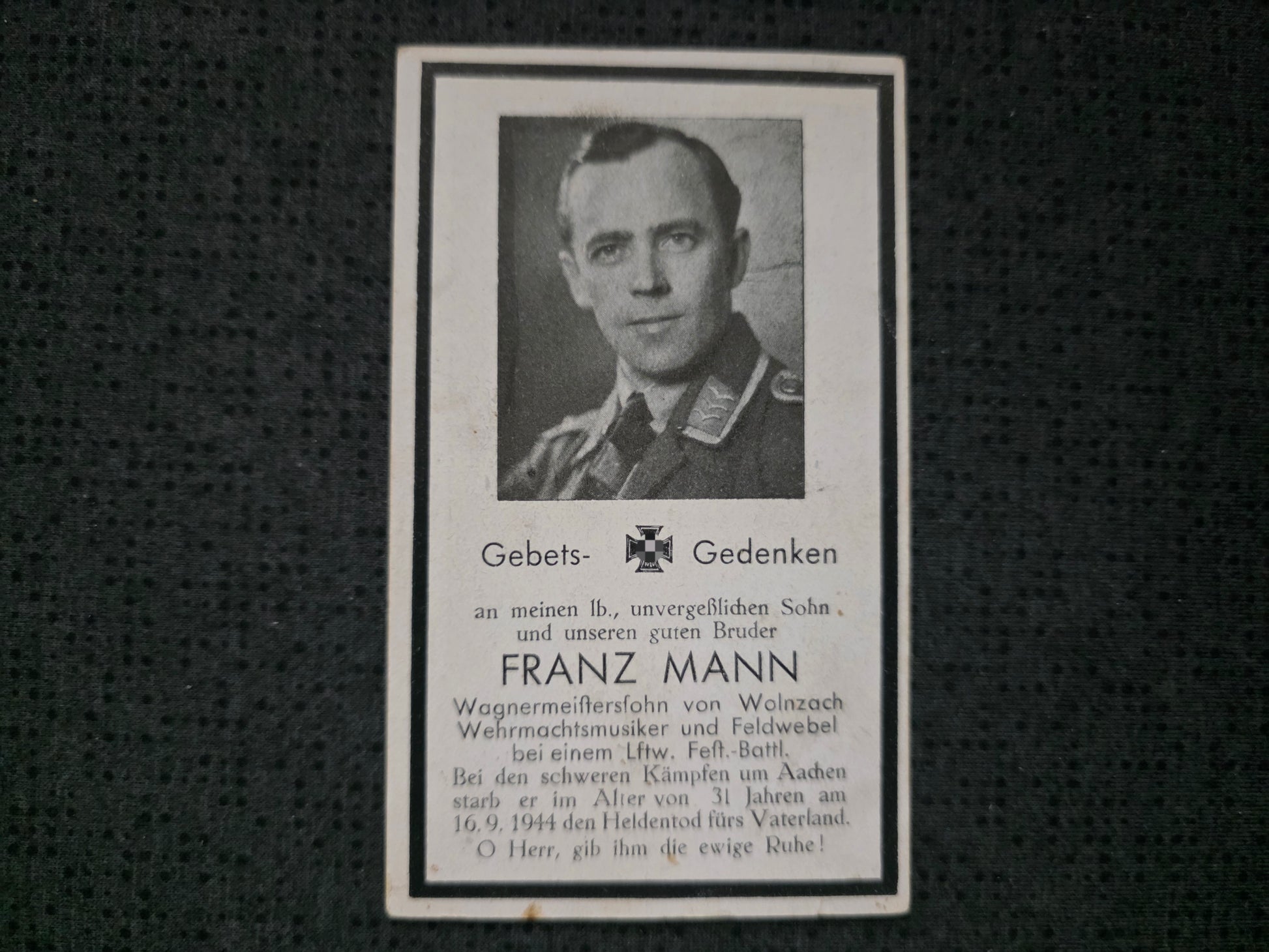 Sterbebild Feldwebel Wolznach LW-Feld-Btl. schwere Kämpfe Aachen Westen - www.mmilitaria.com