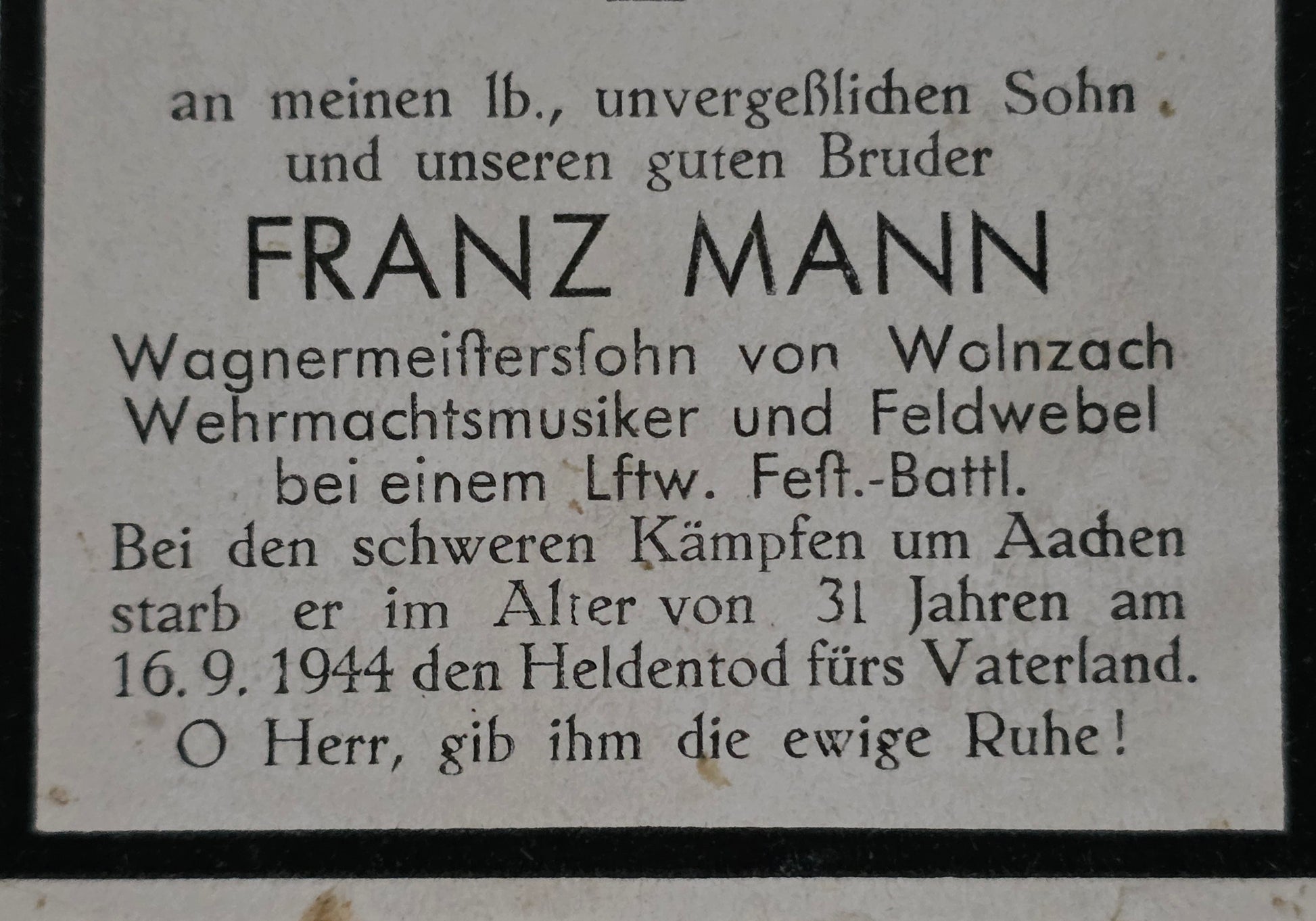Sterbebild Feldwebel Wolznach LW-Feld-Btl. schwere Kämpfe Aachen Westen - www.mmilitaria.com