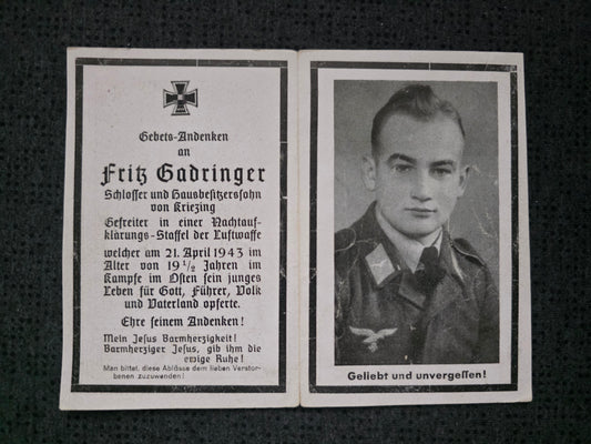 Sterbebild Gefreiter Kriezing 4/(F)-Nachtaufklärungsstaffel Saporoshje-Ost Ukraine - www.mmilitaria.com